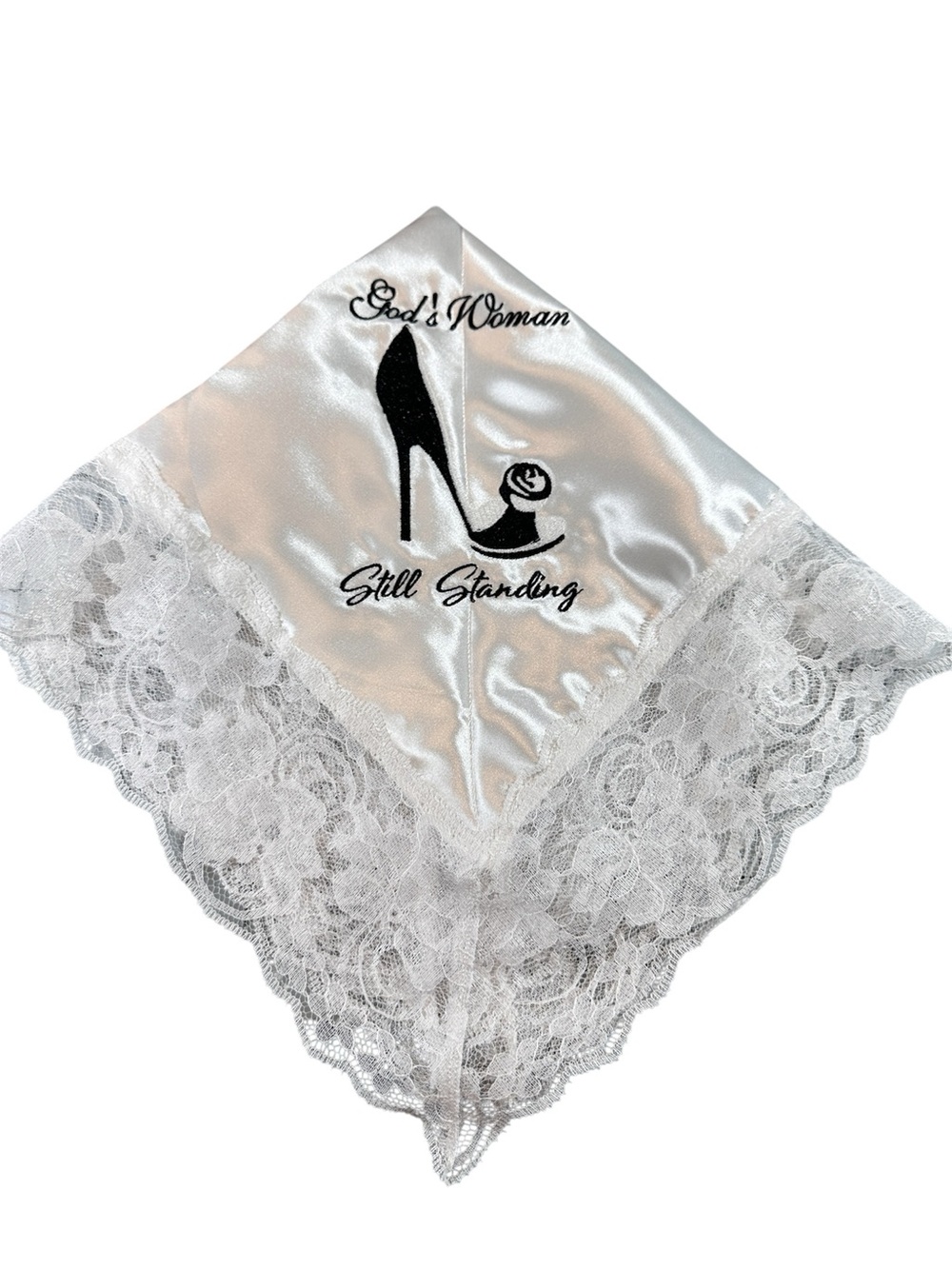 White Satin Embroidered Church Handkerchief with White Lace Trim